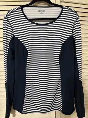 Lands' End Navy and White Striped Long-Sleeve Active Top